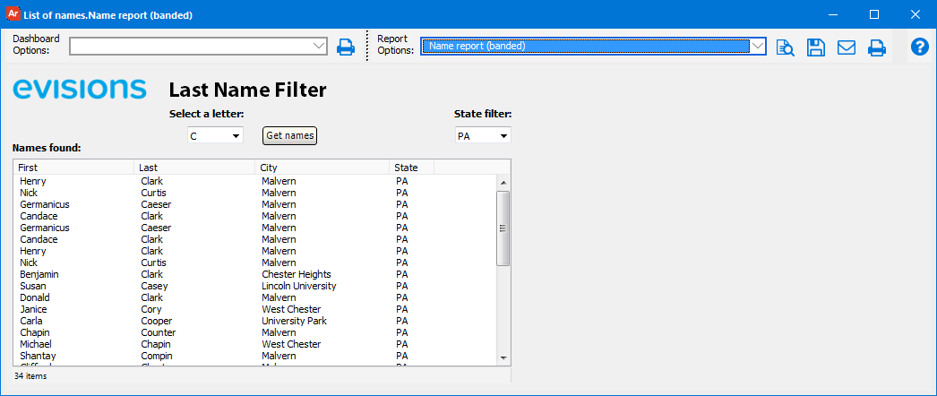 The dashboard with the parameters specified and the list box populated.
